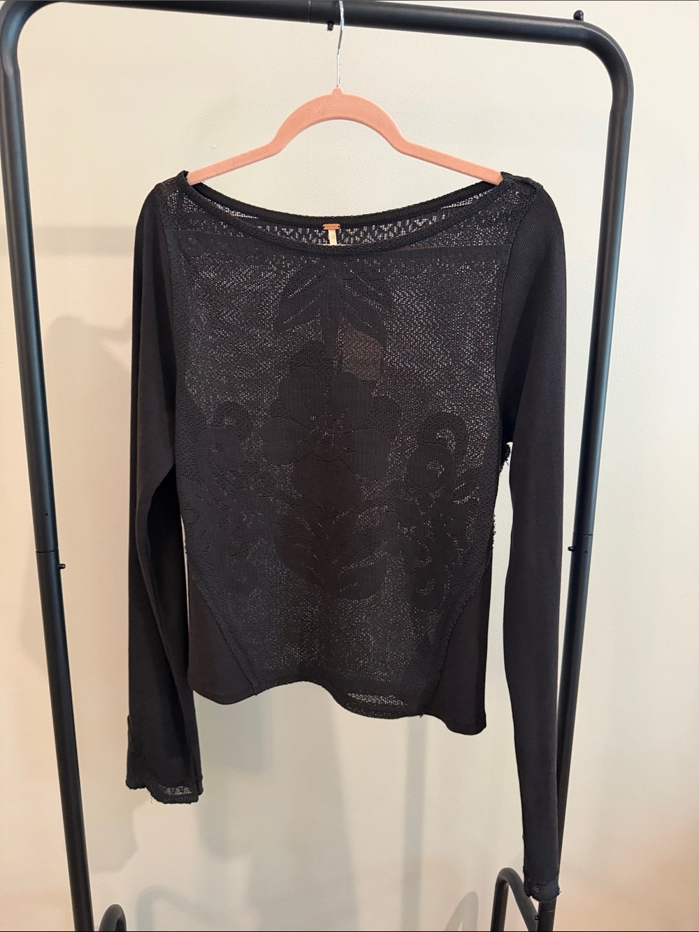 Free People Black Sheer Floral Knit Long-Sleeve Top